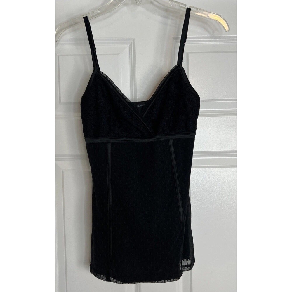 Vintage Y2K Express S Black Lace Floral Satin Trim Mesh Cami Tank Top Swiss Dot